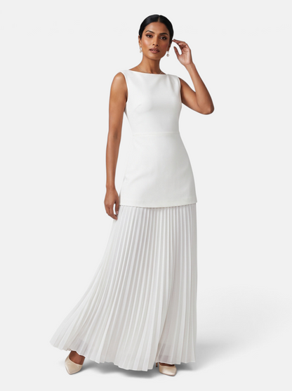 Women's Knit Crop Vest and Pleated Skirt Two-Piece Set in White - Front View