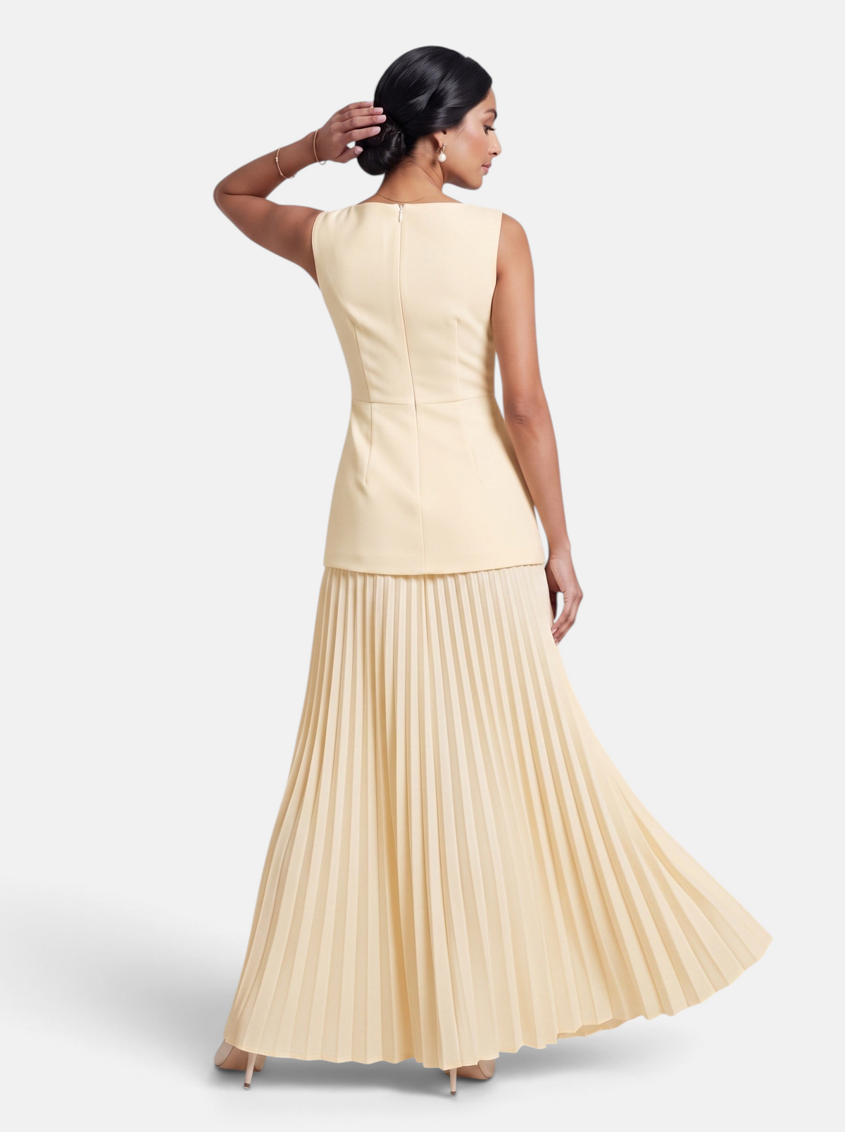 Women's Knit Crop Vest and Pleated Skirt Two-Piece Set in Yellow - Back View