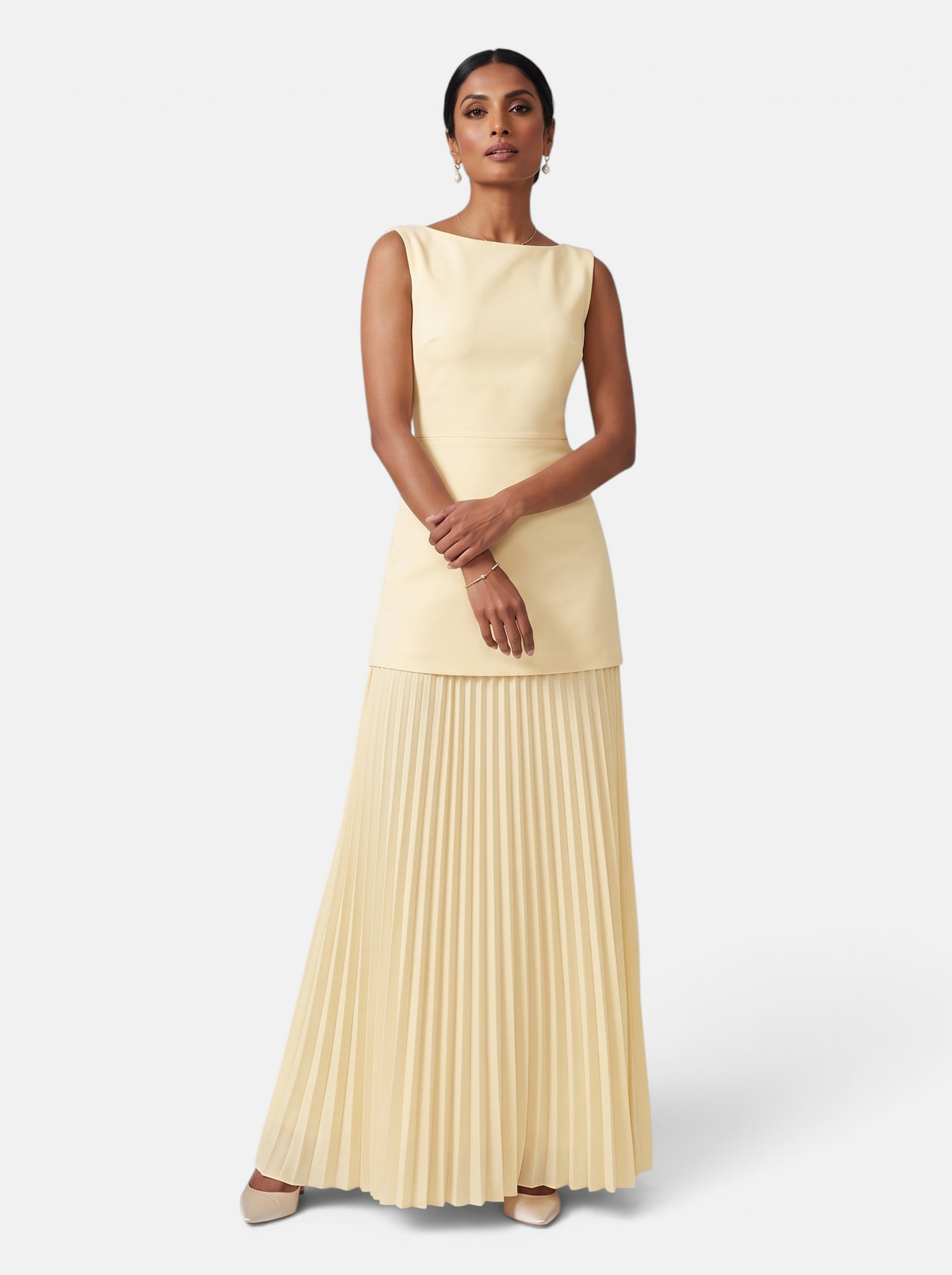 Women's Knit Crop Vest and Pleated Skirt Two-Piece Set in Yellow - Front View