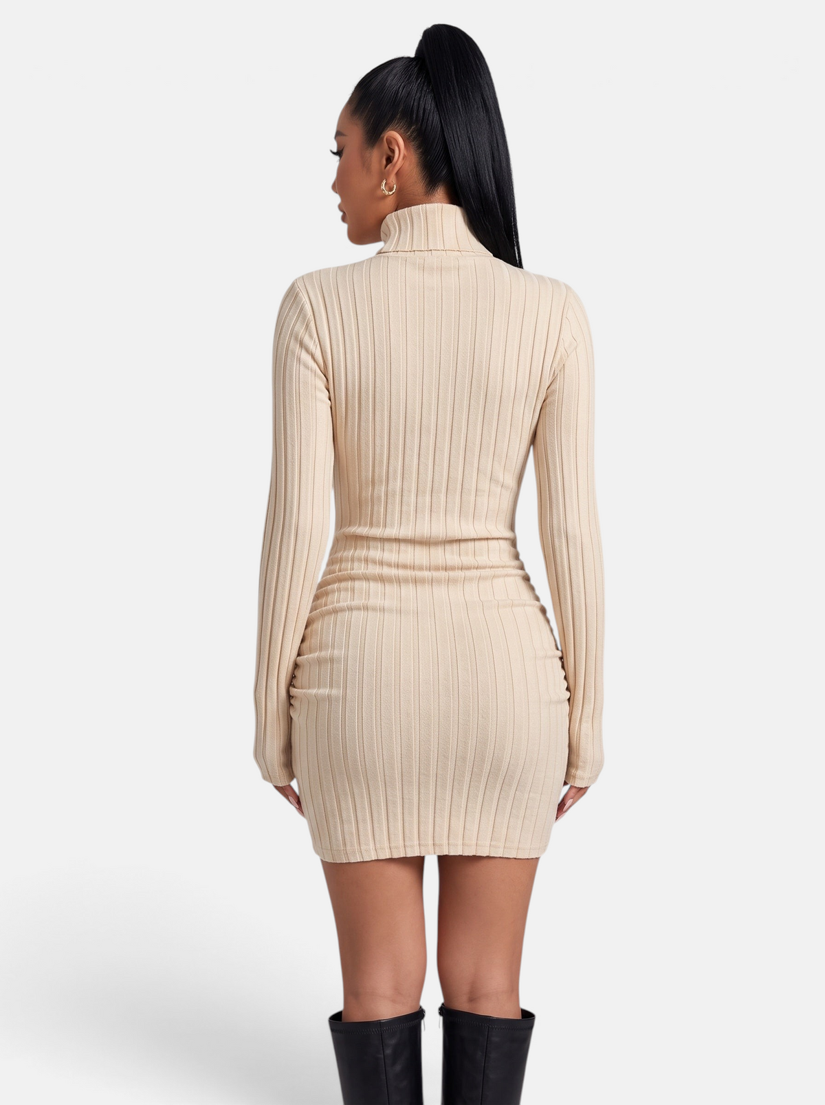 Women's Ribbed Knit Turtleneck Long Sleeve Mini Dress in Beige - Back View