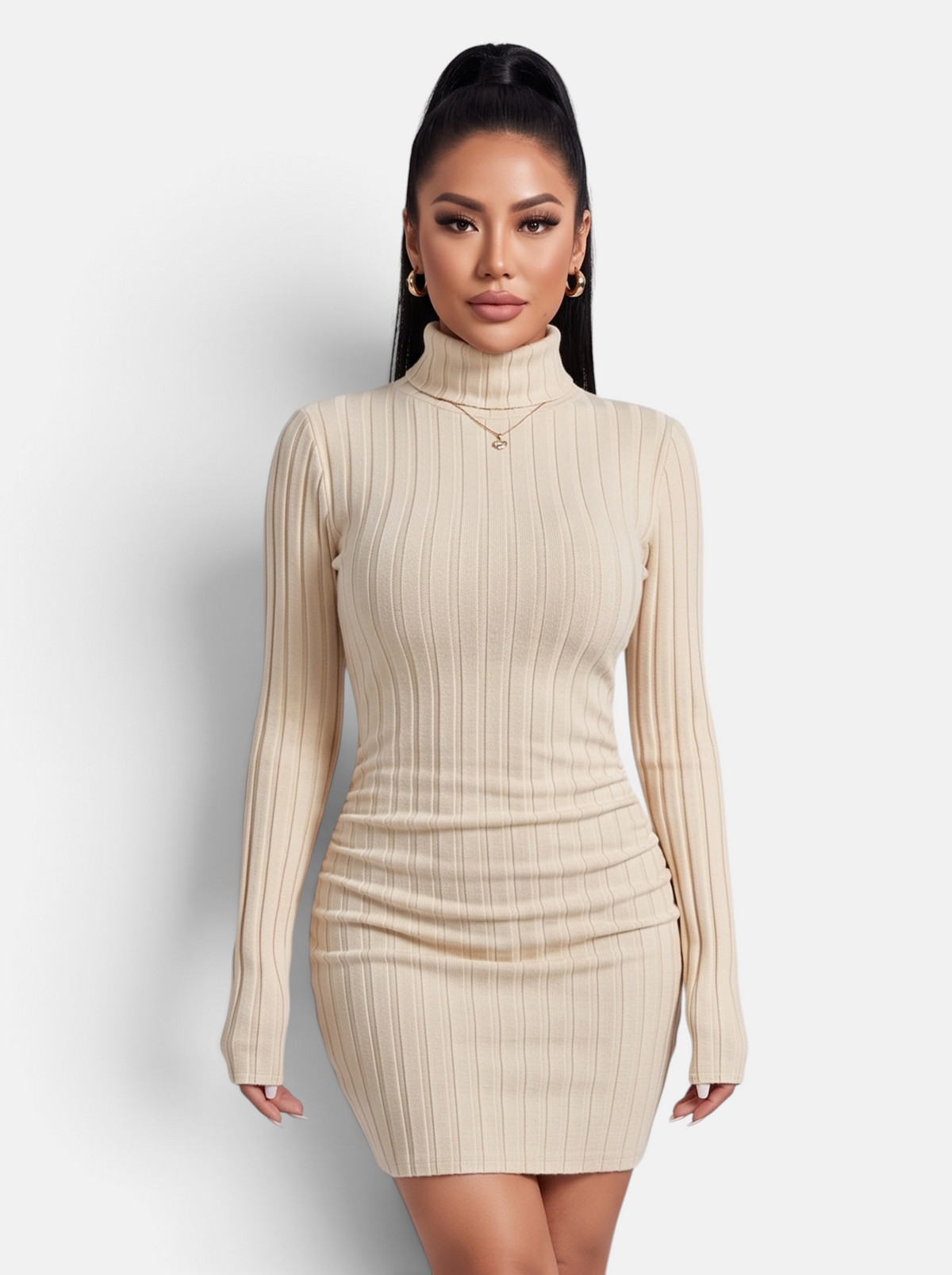 Women's Ribbed Knit Turtleneck Long Sleeve Mini Dress in Beige - Front View