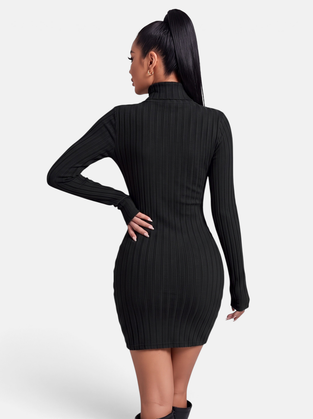 Women's Ribbed Knit Turtleneck Long Sleeve Mini Dress in Black - Back View