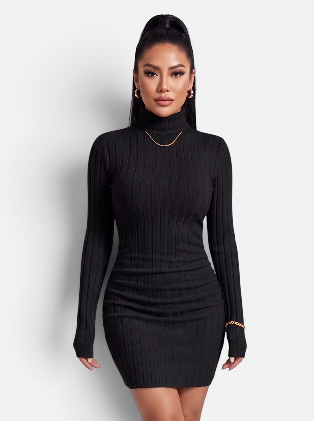Women's Ribbed Knit Turtleneck Long Sleeve Mini Dress in Black - Front View