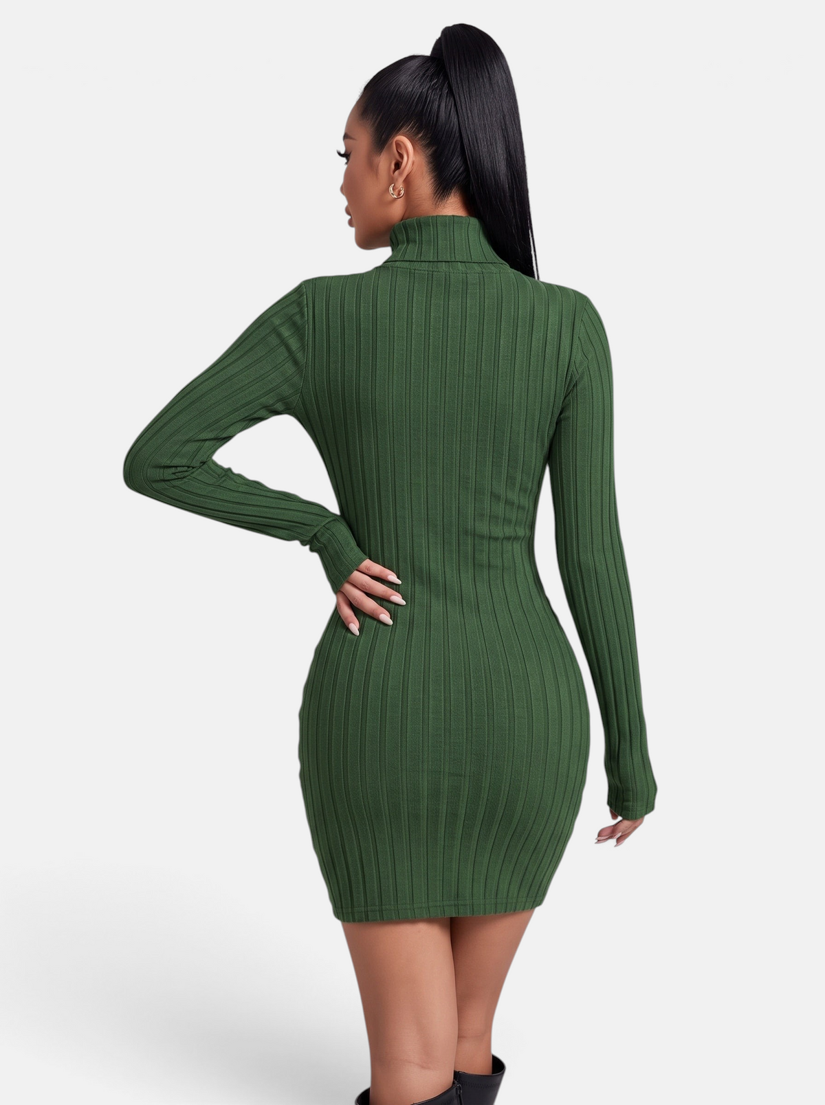 Women's Ribbed Knit Turtleneck Long Sleeve Mini Dress in Green - Back View
