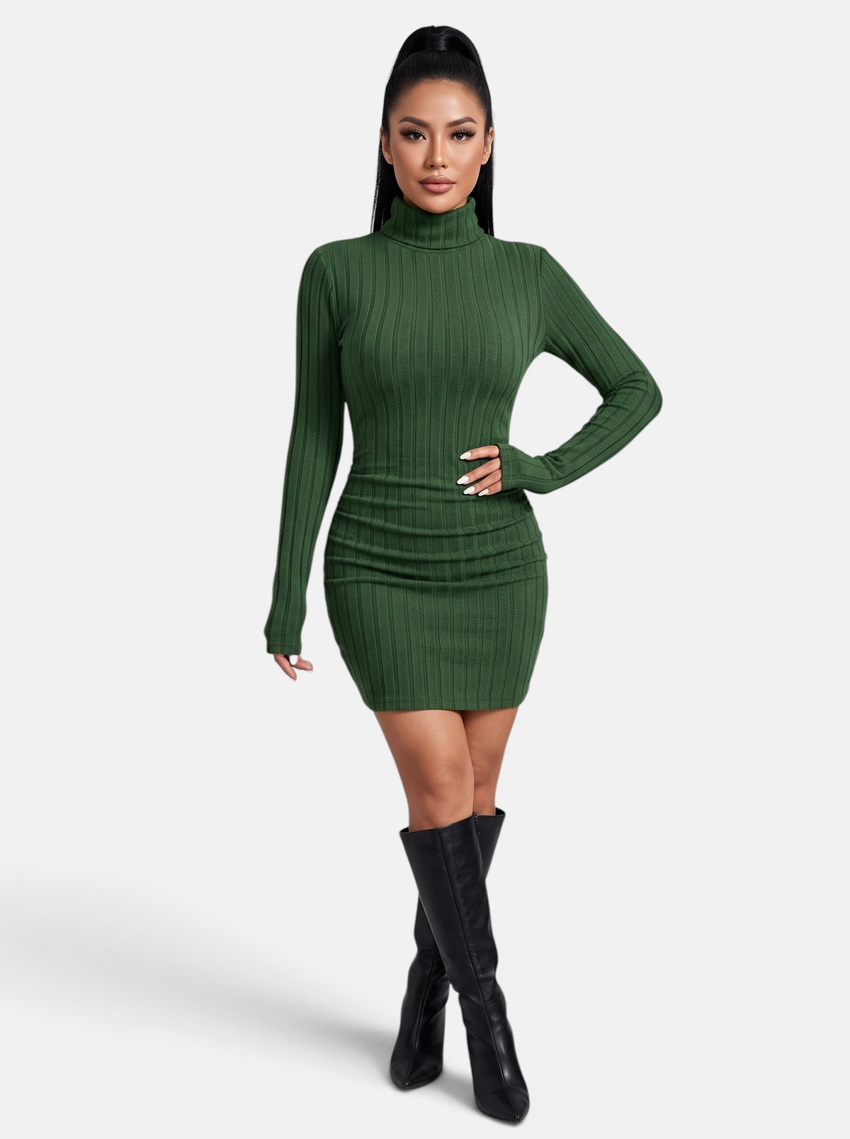 Women's Ribbed Knit Turtleneck Long Sleeve Mini Dress in Green - Full Length View