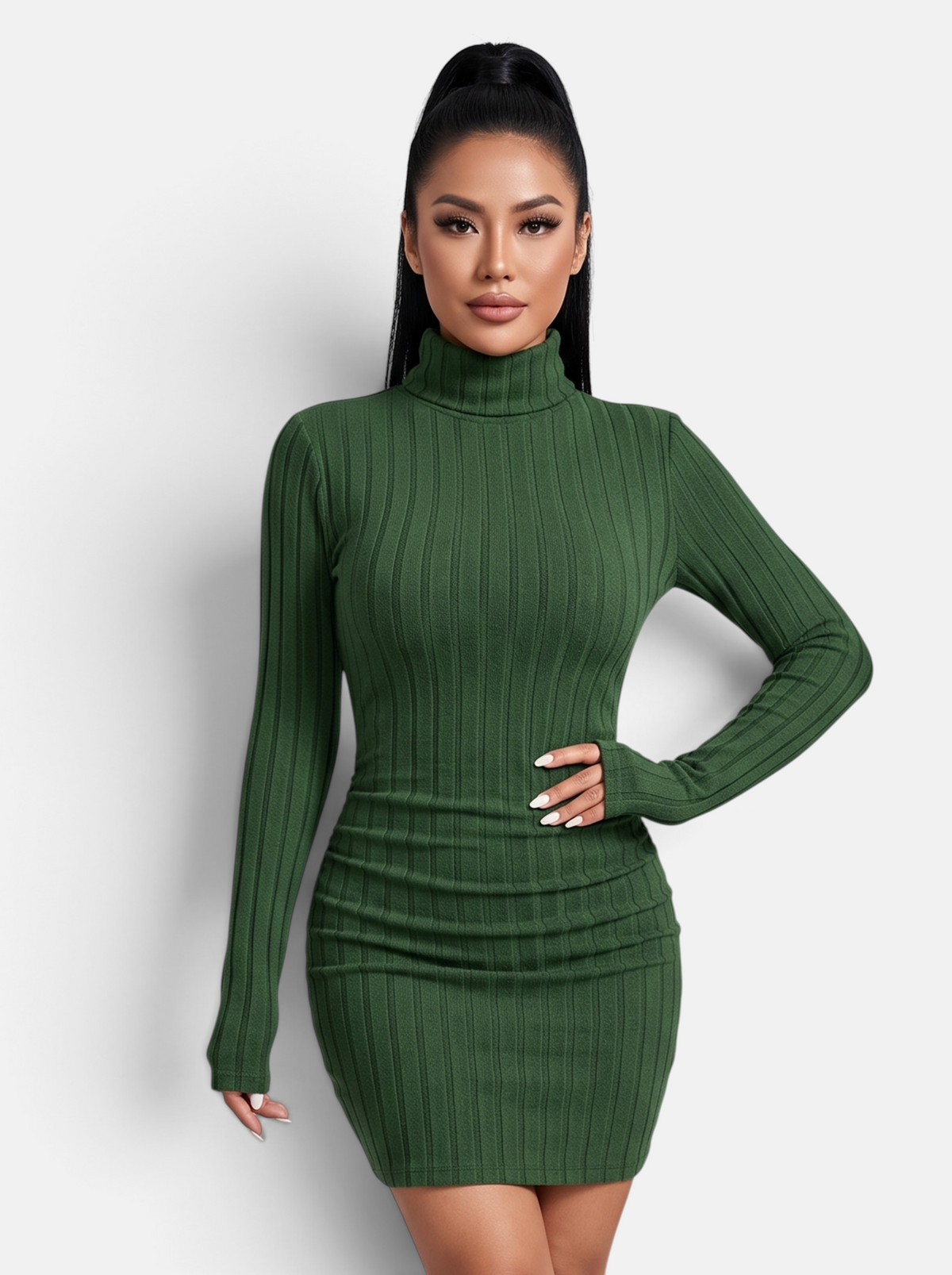 Women's Ribbed Knit Turtleneck Long Sleeve Mini Dress in Green - Front View