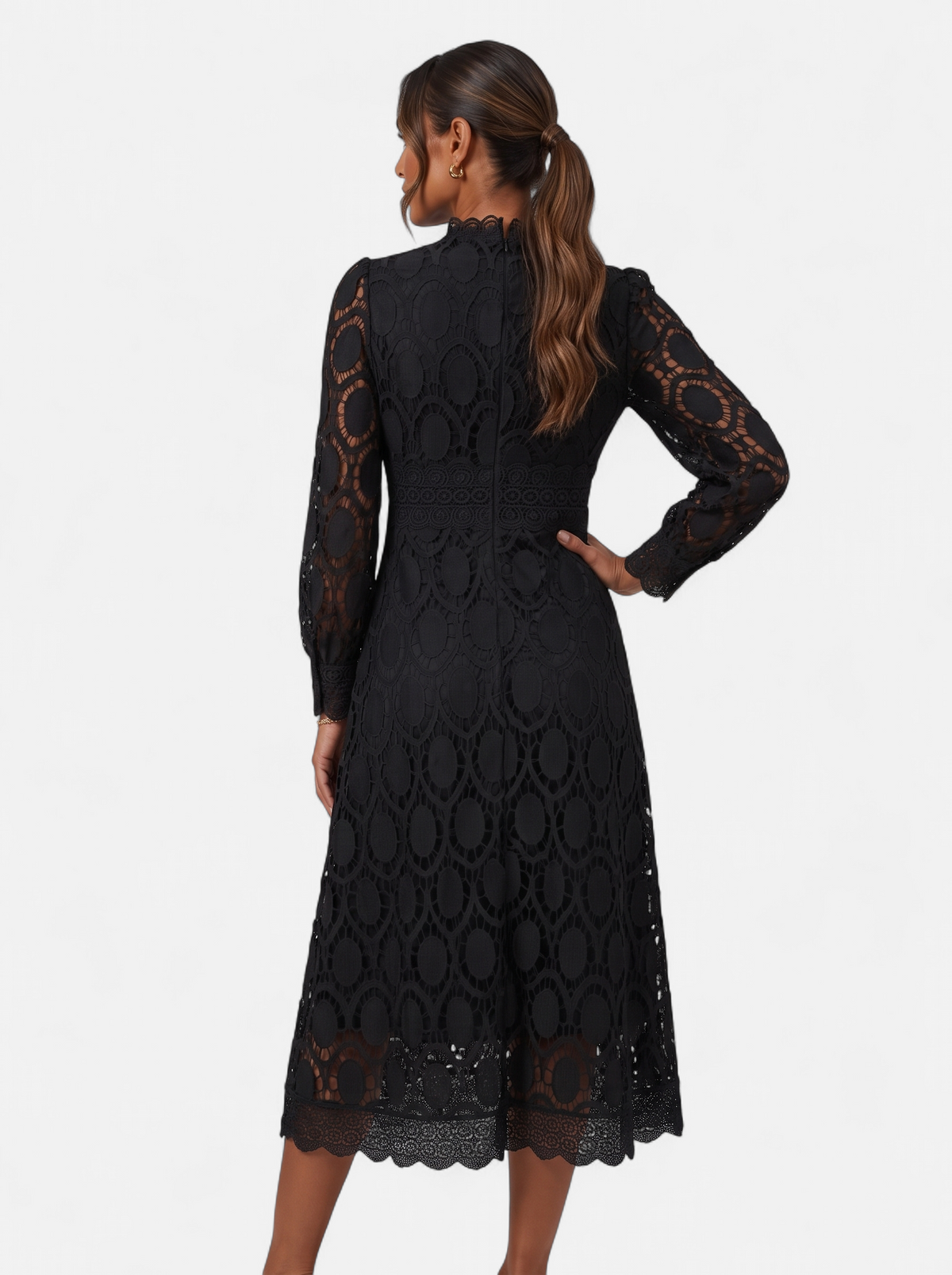 Womens Elegant Lace Hollow-Out Stand Collar Long Sleeve Dress - Black - Back