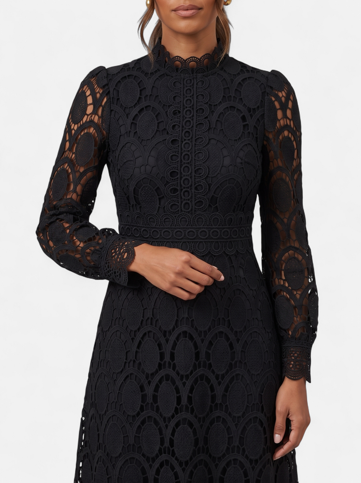 Womens Elegant Lace Hollow-Out Stand Collar Long Sleeve Dress - Black - Detail