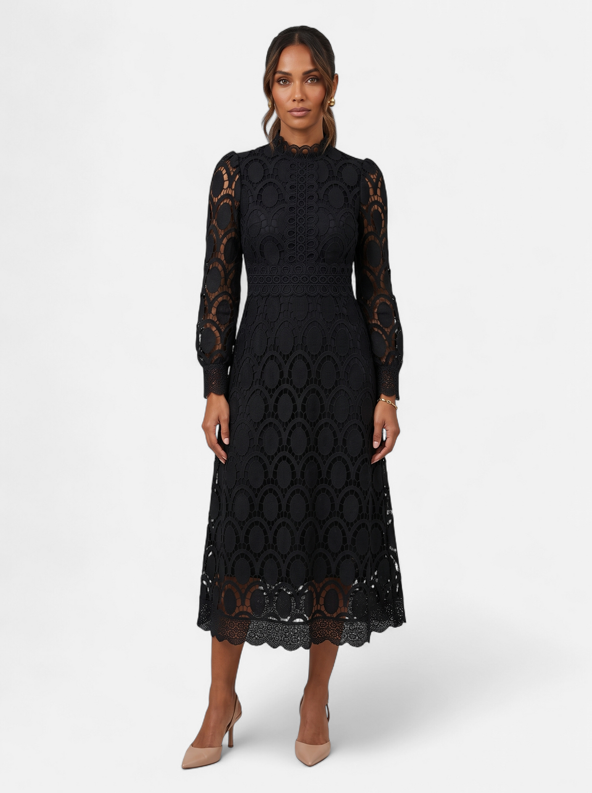 Womens Elegant Lace Hollow-Out Stand Collar Long Sleeve Dress - Black - Full Body
