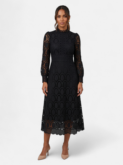 Womens Elegant Lace Hollow-Out Stand Collar Long Sleeve Dress - Black - Full Body