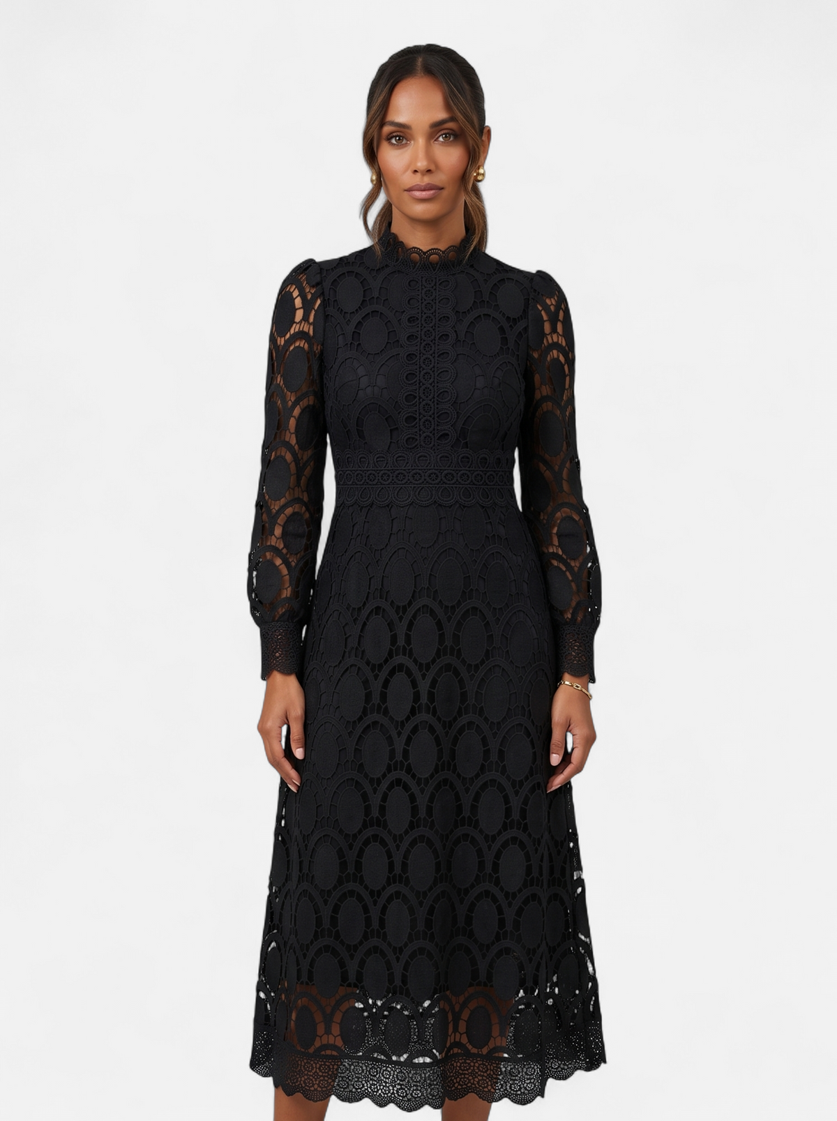 Womens Elegant Lace Hollow-Out Stand Collar Long Sleeve Dress - Black - Hero