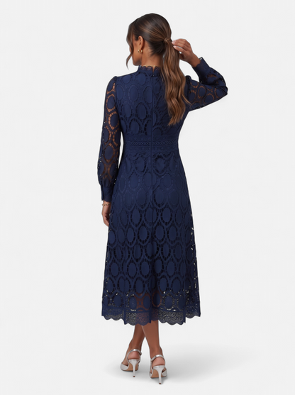 Womens Elegant Lace Hollow-Out Stand Collar Long Sleeve Dress - Navy - Back