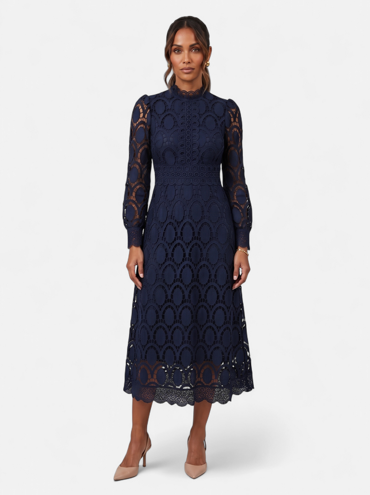 Womens Elegant Lace Hollow-Out Stand Collar Long Sleeve Dress - Navy - Full Body
