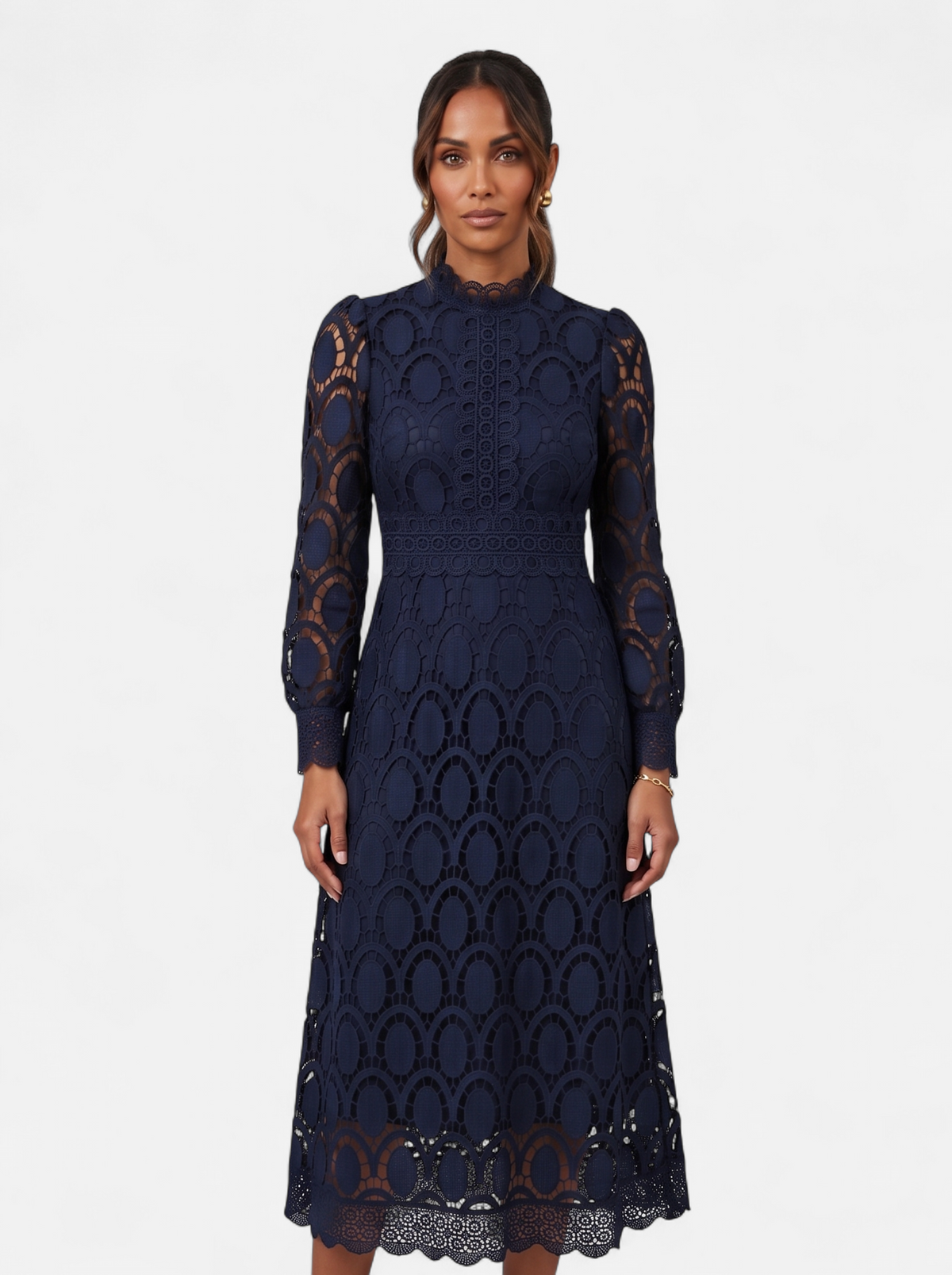Womens Elegant Lace Hollow-Out Stand Collar Long Sleeve Dress - Navy - Hero