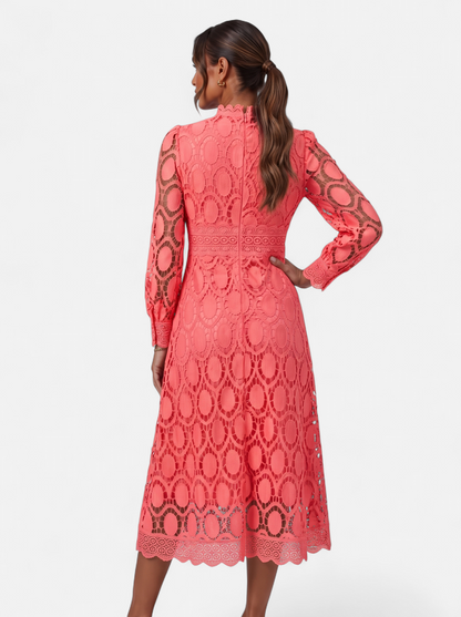 Womens Elegant Lace Hollow-Out Stand Collar Long Sleeve Dress - Pink - Back