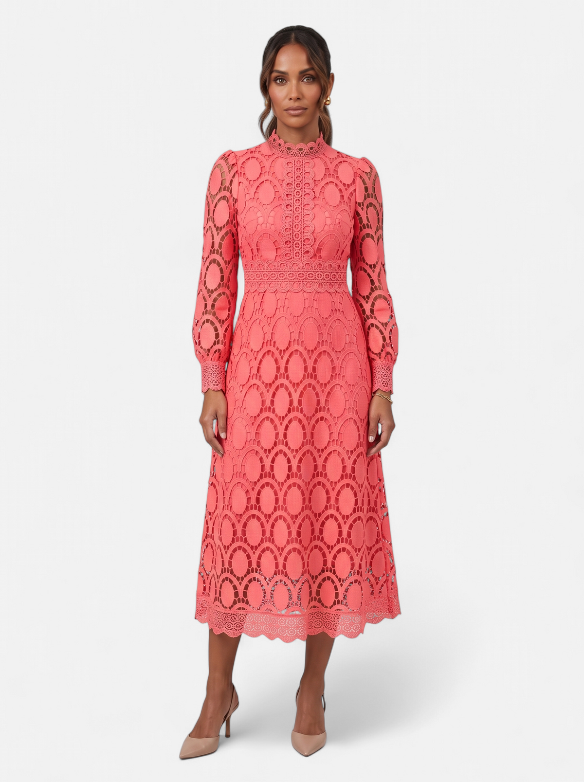 Womens Elegant Lace Hollow-Out Stand Collar Long Sleeve Dress - Pink - Full Body