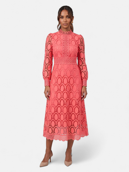 Womens Elegant Lace Hollow-Out Stand Collar Long Sleeve Dress - Pink - Full Body