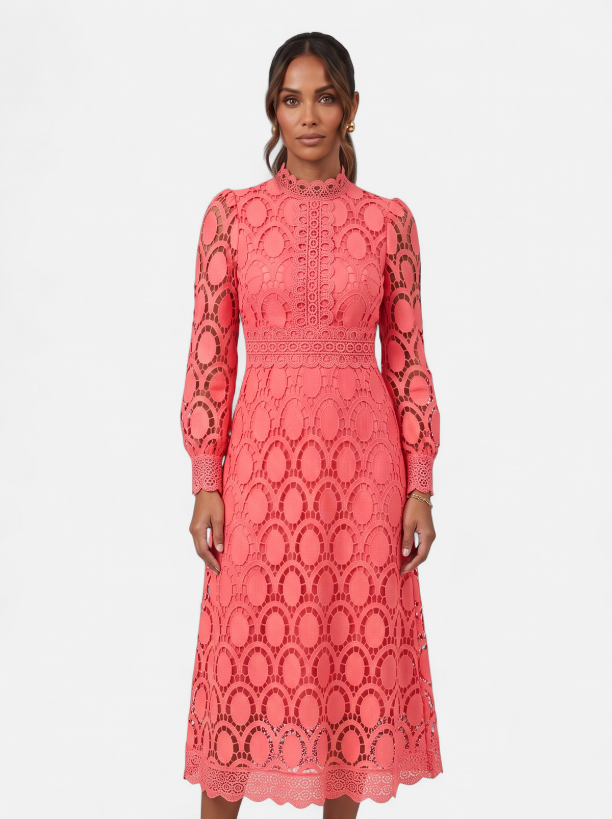 Womens Elegant Lace Hollow-Out Stand Collar Long Sleeve Dress - Pink - Hero