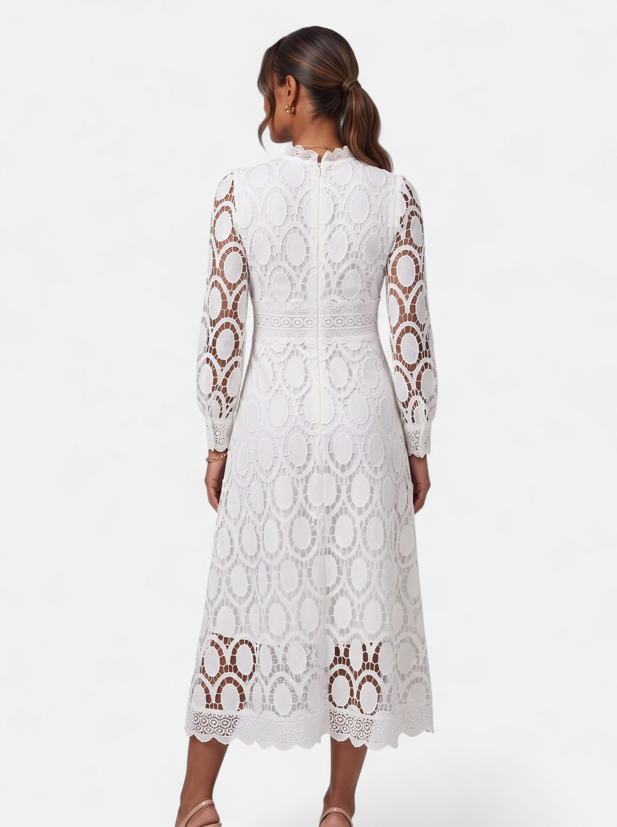 Womens Elegant Lace Hollow-Out Stand Collar Long Sleeve Dress - White - Back