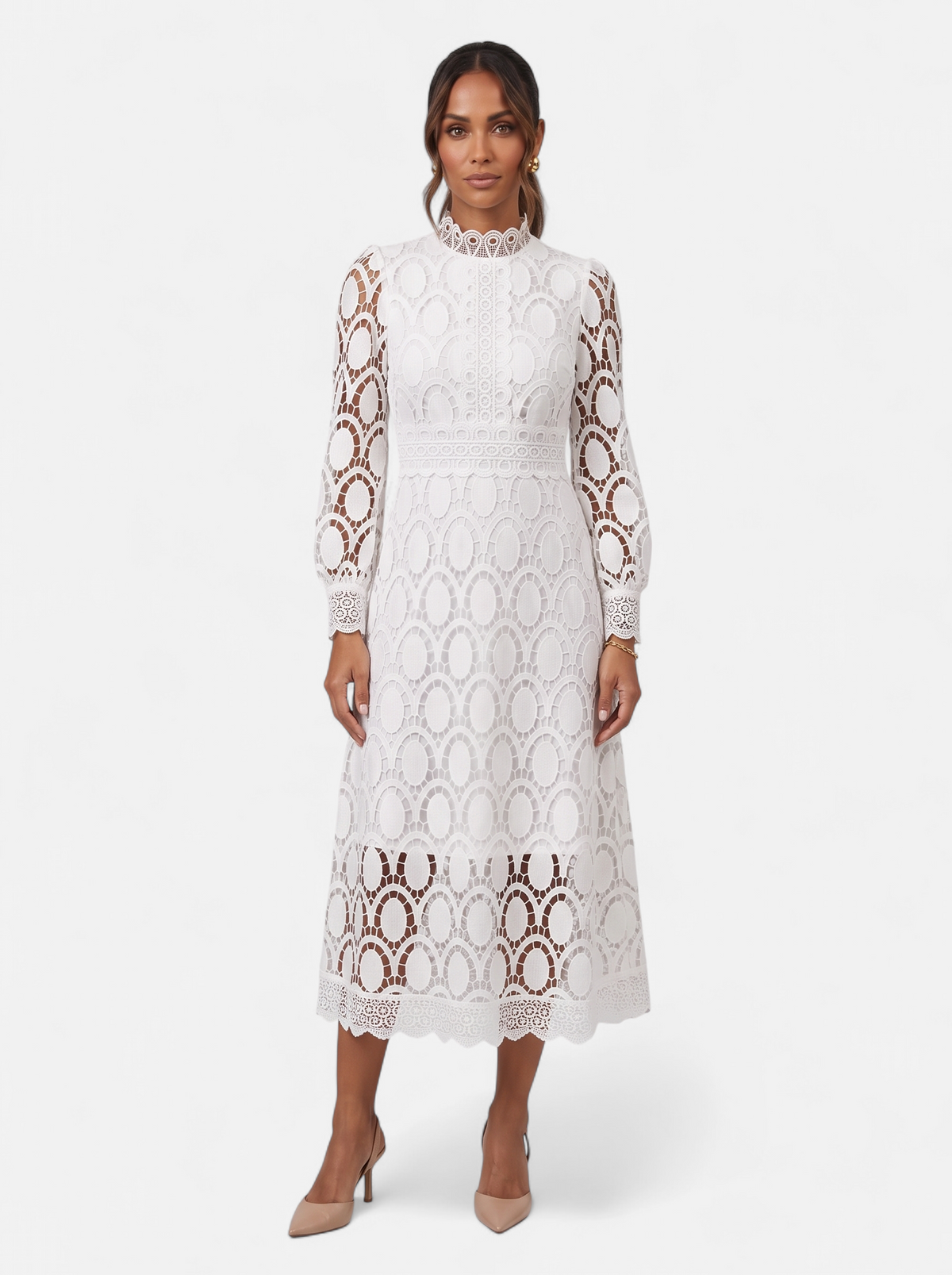 Womens Elegant Lace Hollow-Out Stand Collar Long Sleeve Dress - White - Full Body