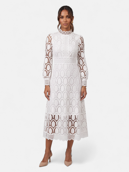 Womens Elegant Lace Hollow-Out Stand Collar Long Sleeve Dress - White - Full Body
