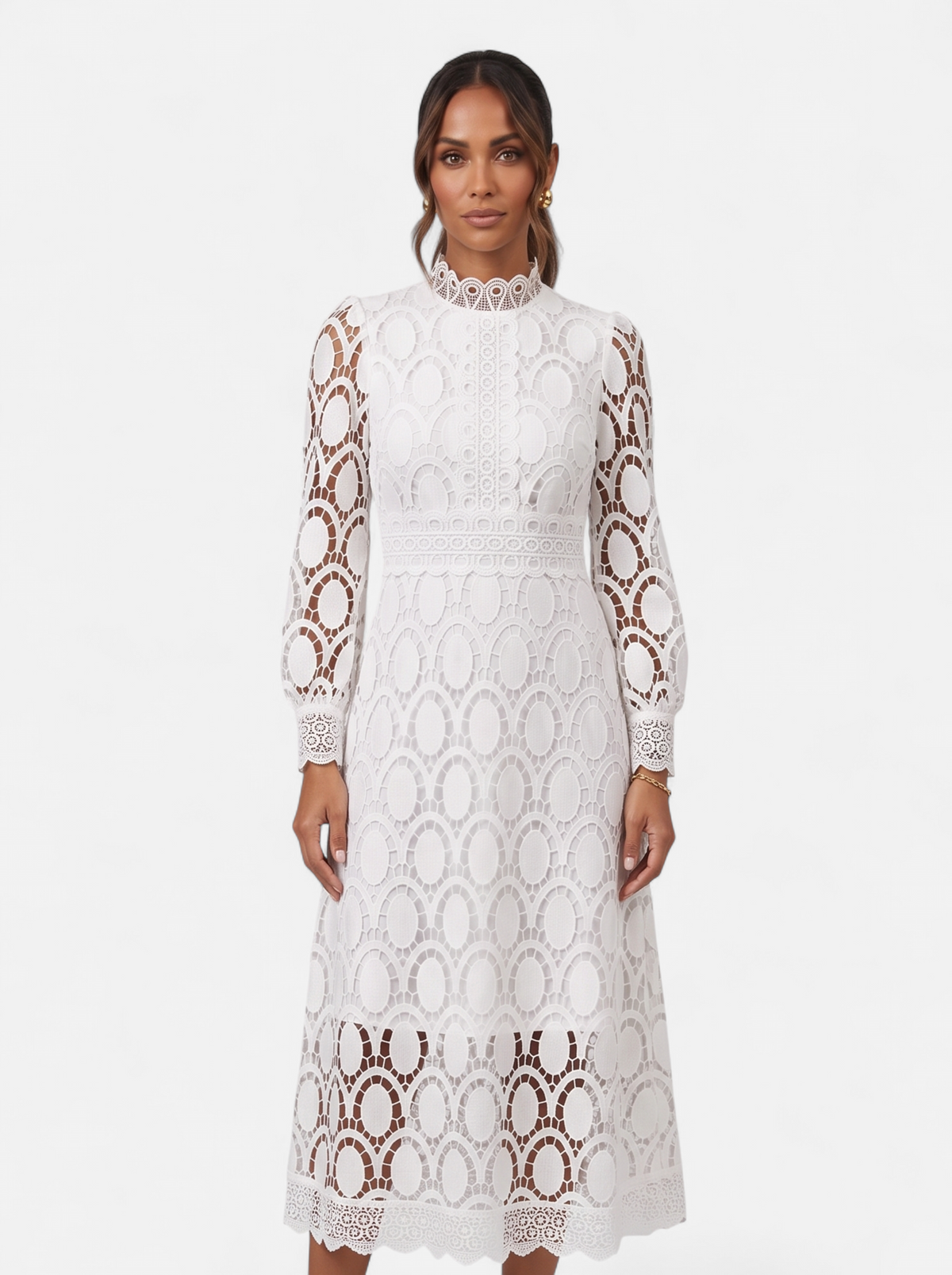 Womens Elegant Lace Hollow-Out Stand Collar Long Sleeve Dress - White - Hero