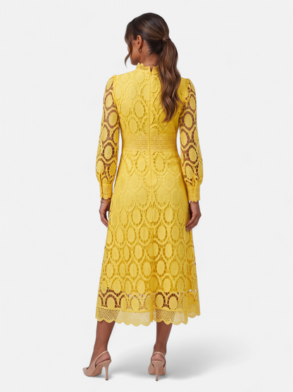 Womens Elegant Lace Hollow-Out Stand Collar Long Sleeve Dress - Yellow - Back