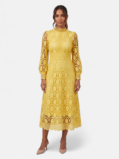 Womens Elegant Lace Hollow-Out Stand Collar Long Sleeve Dress - Yellow - Full Body