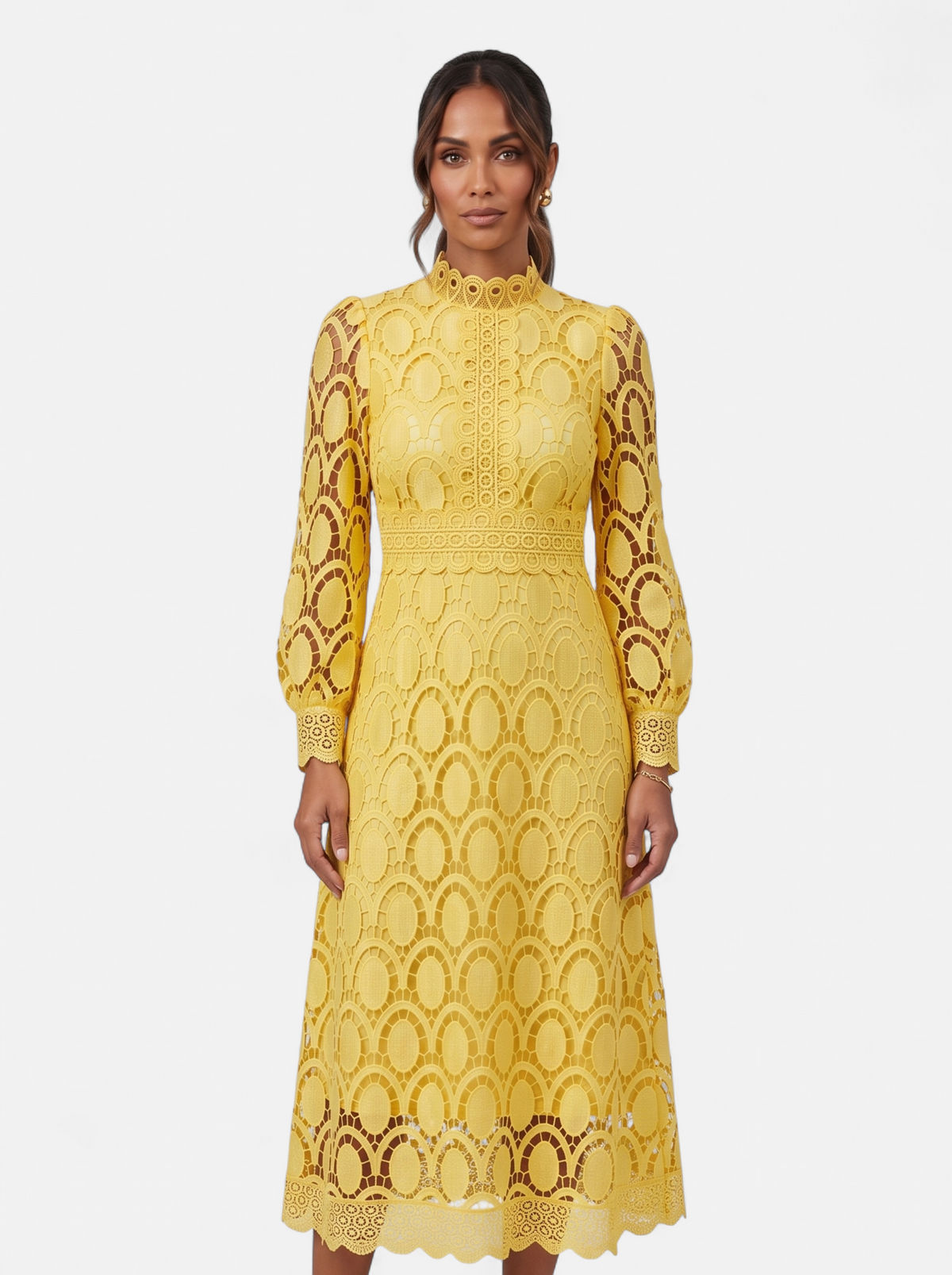 Womens Elegant Lace Hollow-Out Stand Collar Long Sleeve Dress - Yellow - Hero