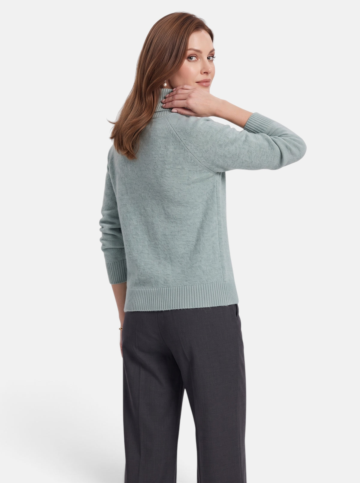 Women's Light Green Boxy Turtleneck Long Sleeve Knit Sweater - Back