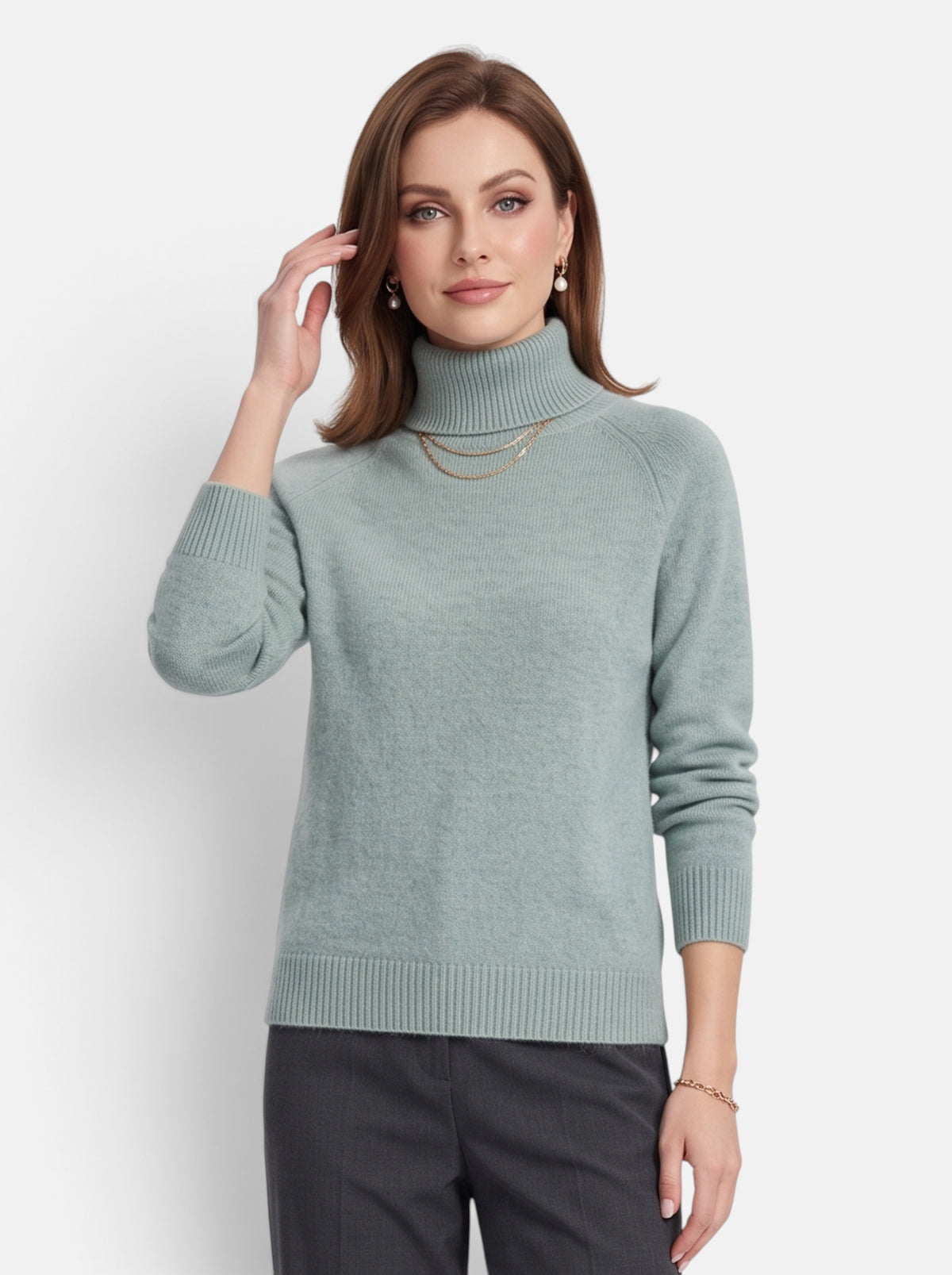 Women's Light Green Boxy Turtleneck Long Sleeve Knit Sweater - Front