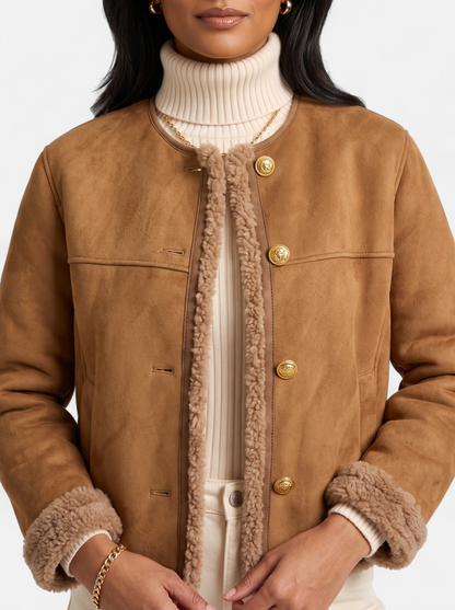 Womens Luxurious Faux Fur Motorcycle Jacket Beige Detail