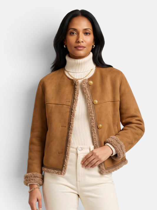 Womens Luxurious Faux Fur Motorcycle Jacket Beige Hero