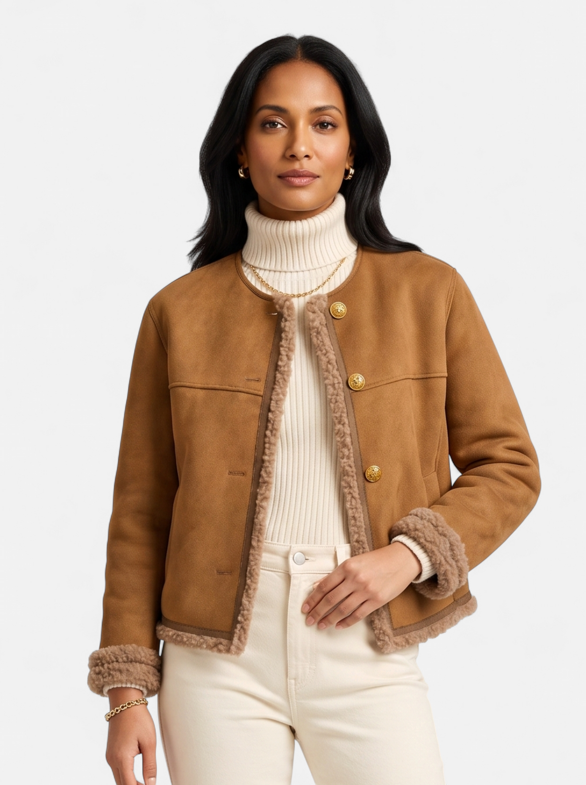 Womens Luxurious Faux Fur Motorcycle Jacket Beige Hero