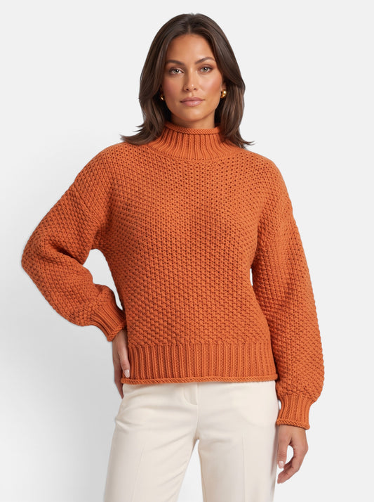 Women's orange chunky knit turtleneck sweater hero