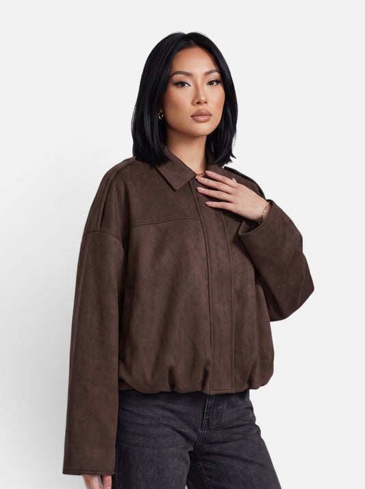 Women's brown faux suede bomber jacket hero