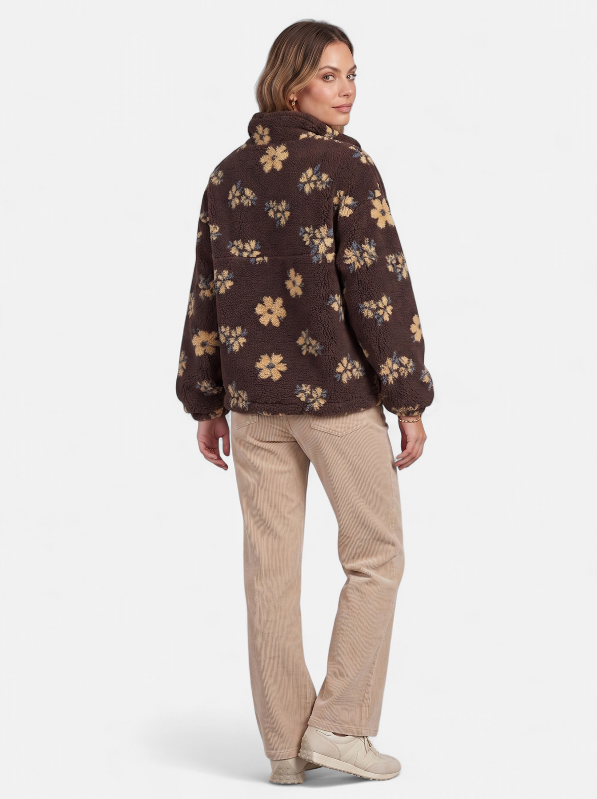 Womens Oversized Floral Fleece Half-Zip Jacket - Brown - Back
