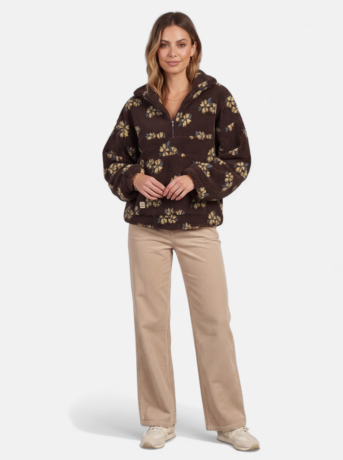 Womens Oversized Floral Fleece Half-Zip Jacket - Brown - Full Body