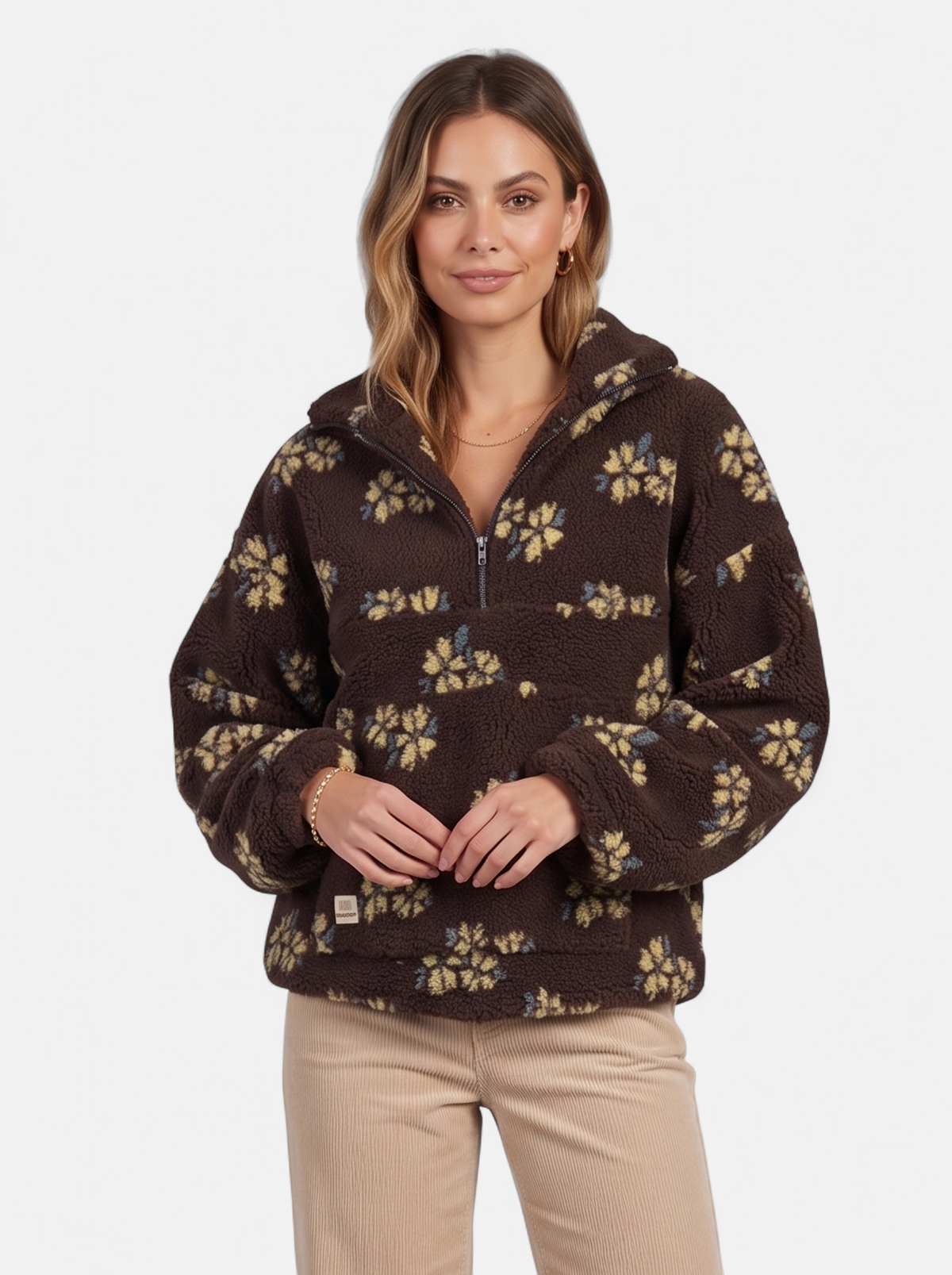 Womens Oversized Floral Fleece Half-Zip Jacket - Brown - Hero