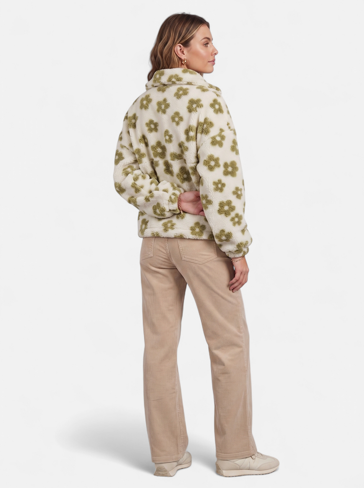 Womens Oversized Floral Fleece Half-Zip Jacket - Green - Back