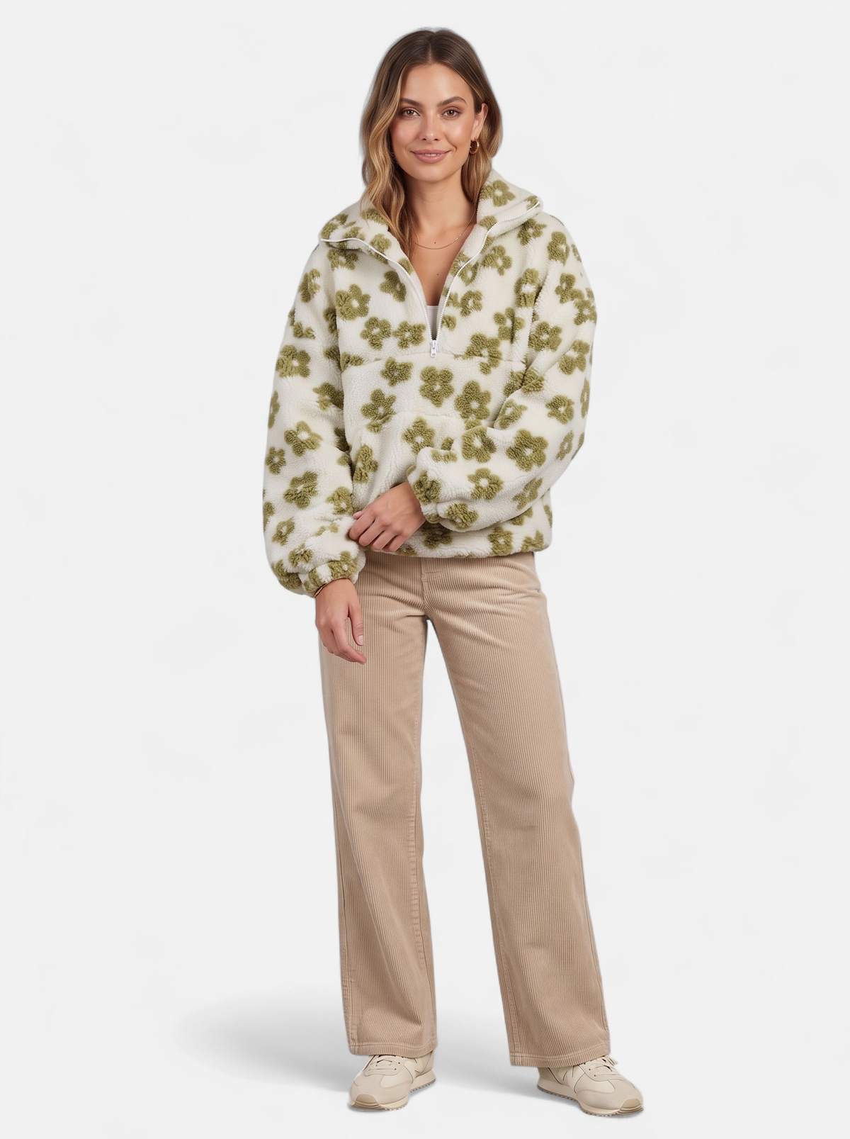 Womens Oversized Floral Fleece Half-Zip Jacket - Green - Full Body