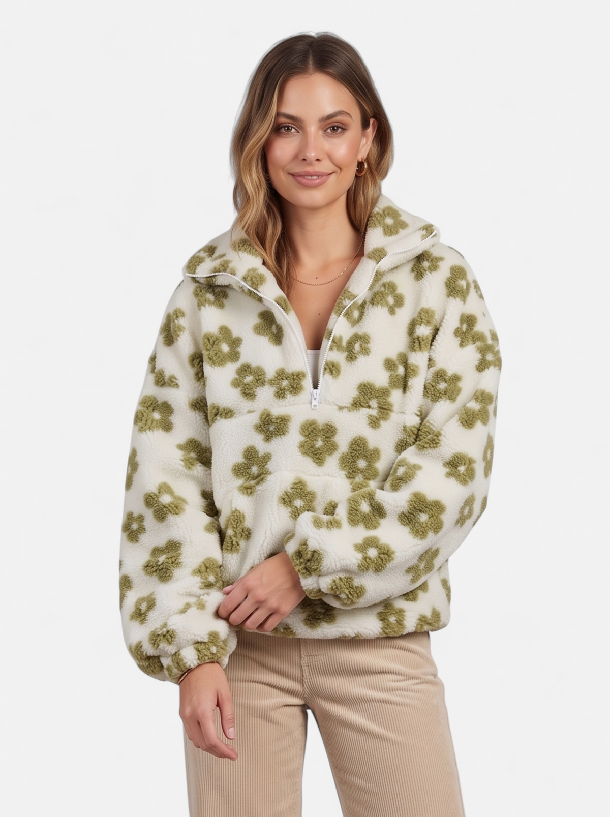 Womens Oversized Floral Fleece Half-Zip Jacket - Green - Hero