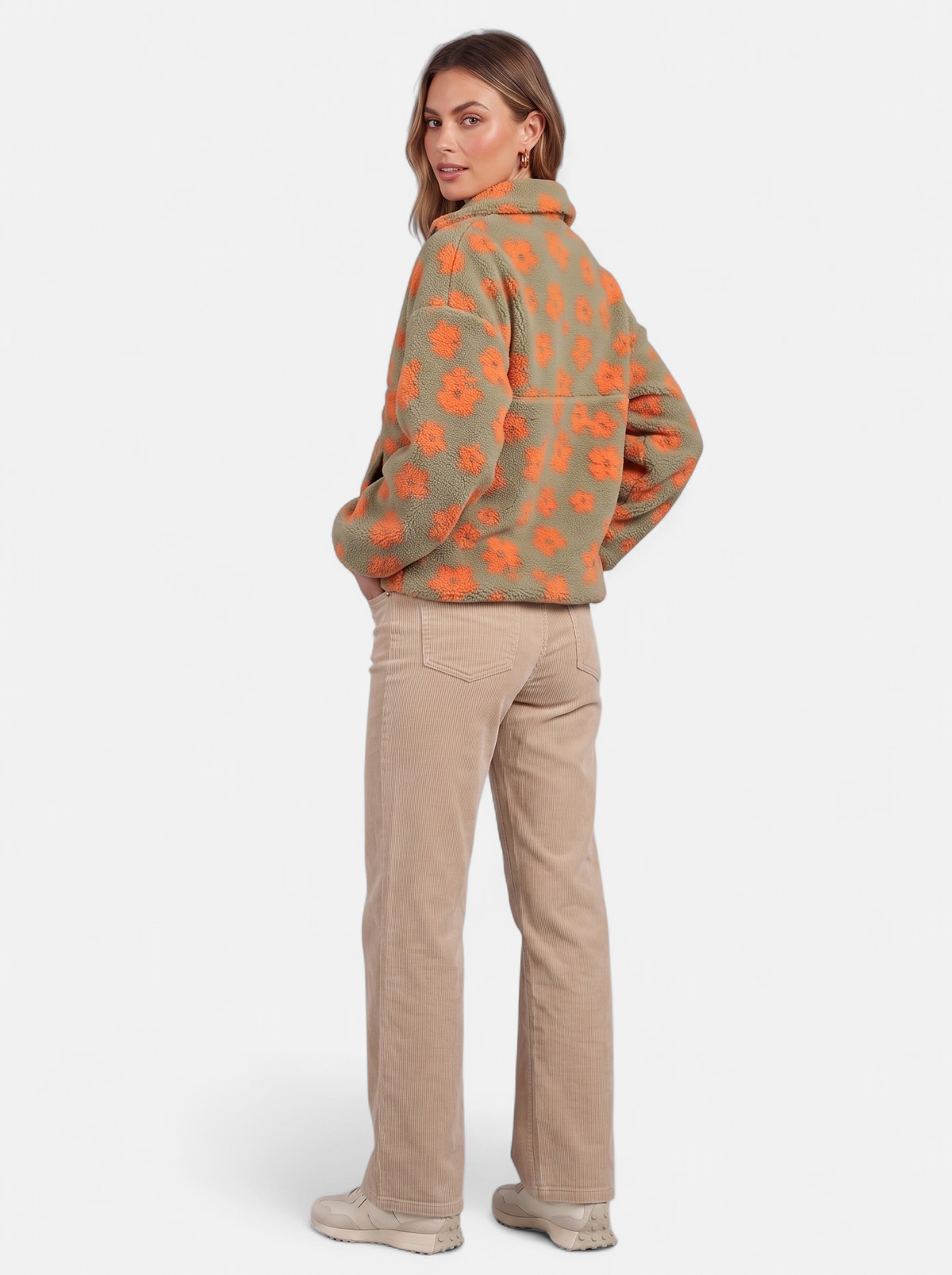 Womens Oversized Floral Fleece Half-Zip Jacket - Orange - Back