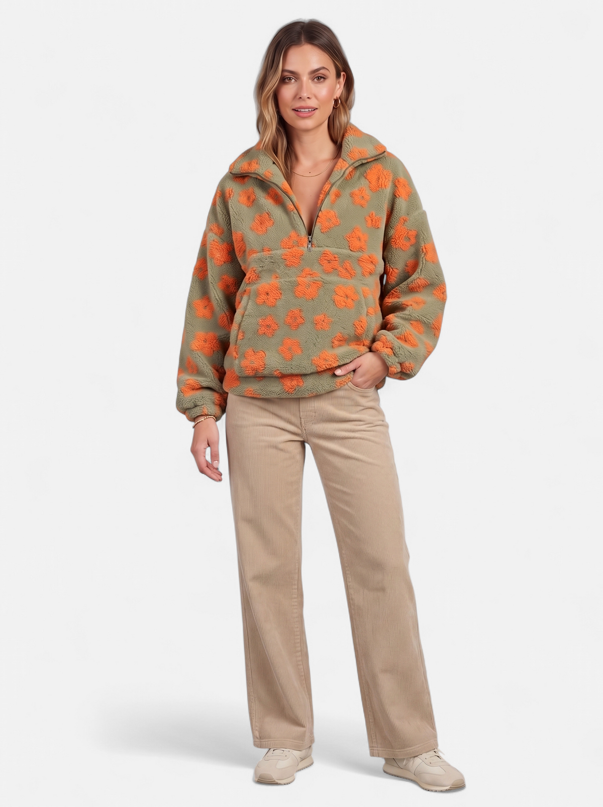 Womens Oversized Floral Fleece Half-Zip Jacket - Orange - Full Body