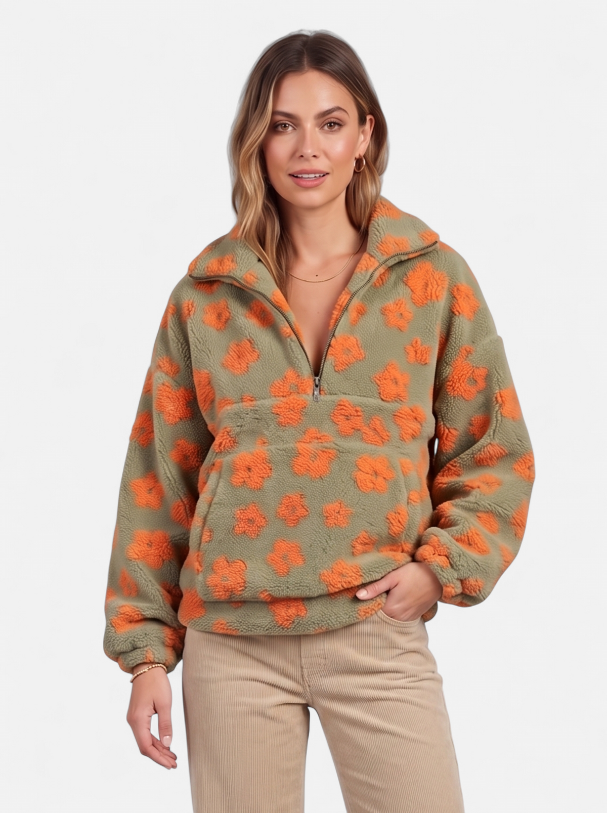 Womens Oversized Floral Fleece Half-Zip Jacket - Orange - Hero