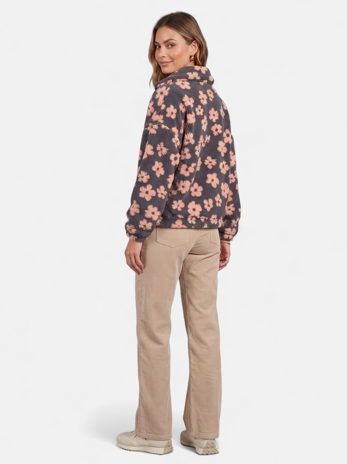 Womens Oversized Floral Fleece Half-Zip Jacket - Pink - Back