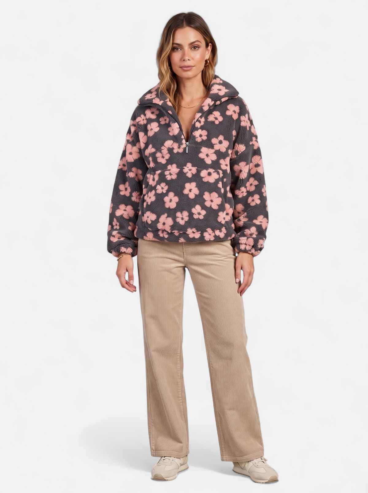 Womens Oversized Floral Fleece Half-Zip Jacket - Pink - Full Body