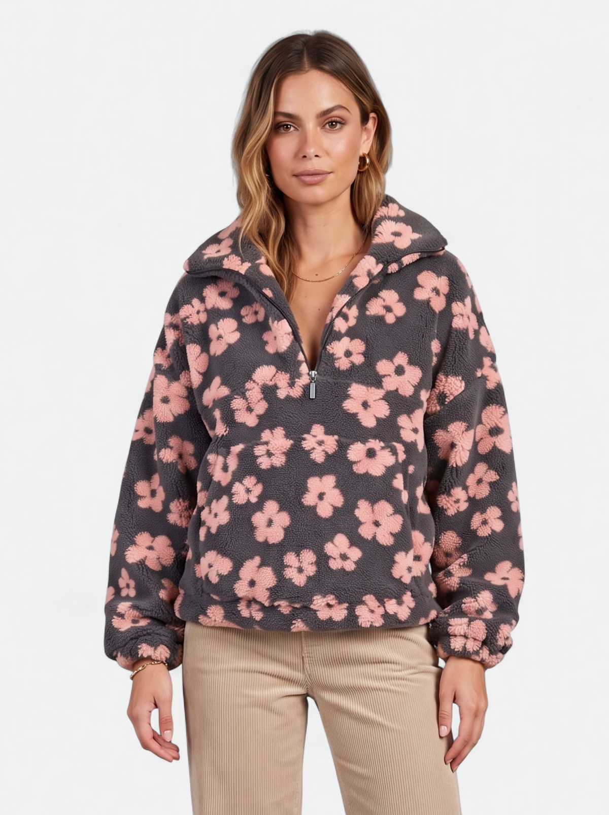 Womens Oversized Floral Fleece Half-Zip Jacket - Pink - Hero
