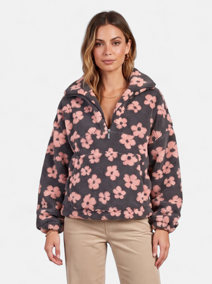 Womens Oversized Floral Fleece Half-Zip Jacket - Pink - Hero
