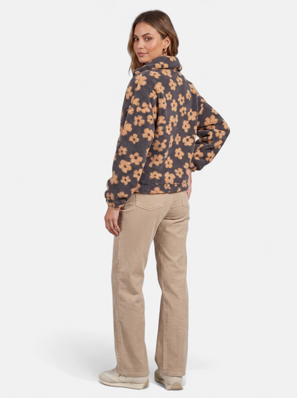 Womens Oversized Floral Fleece Half-Zip Jacket - Yellow - Back